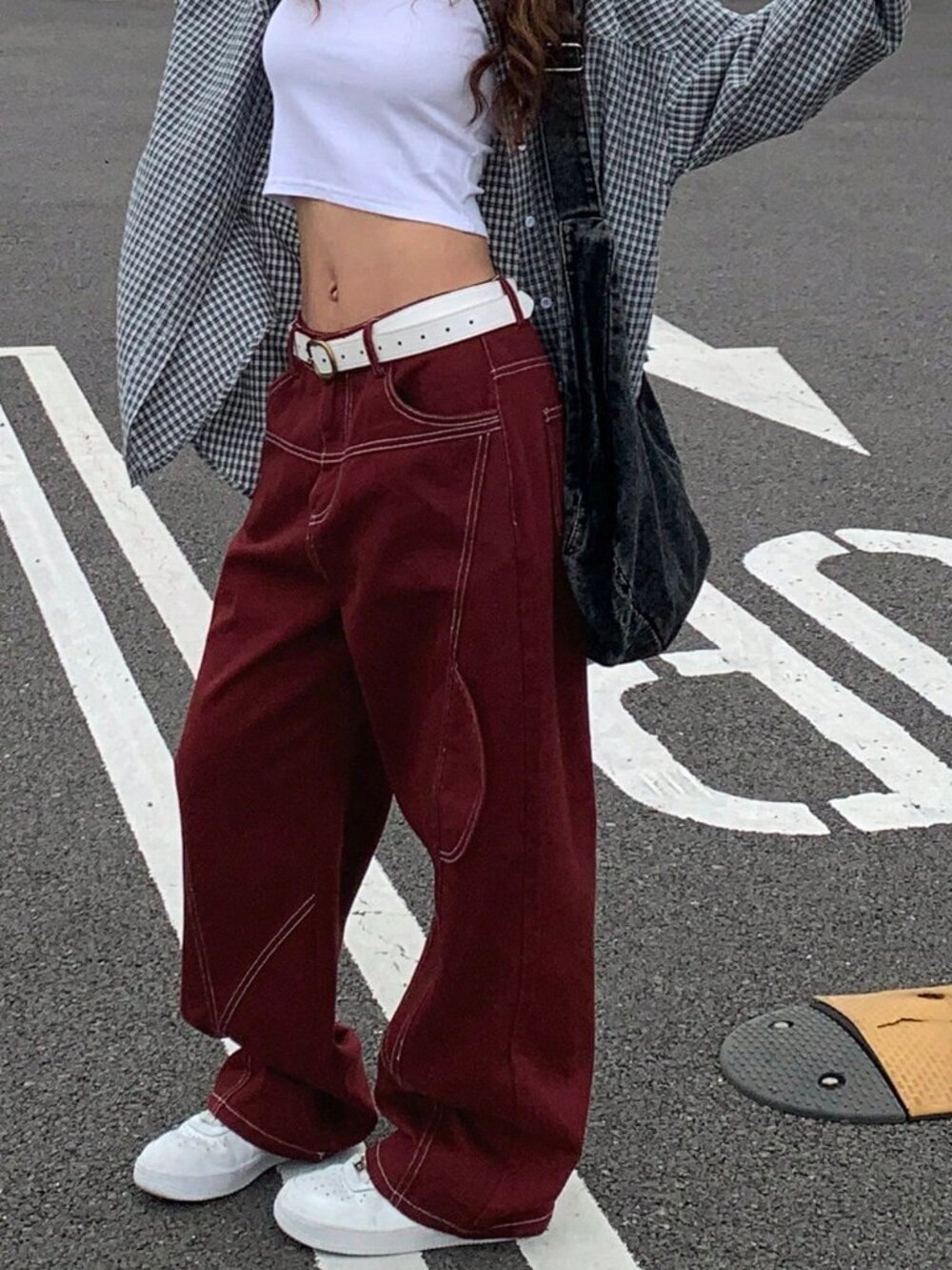 Burgundy Casual Women's Loose Fit Cargo Jeans Y2k - Picture 4 of 10